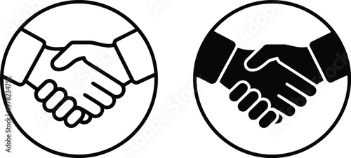 Handshake icons in circles, minimalist black and white vector set representing business partnership agreement collaboration and professional deal concepts.