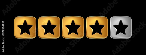 Gold 4 Star Rating Icon Set with One Silver Star – Luxury Review Score Badge 3D UI Design on Black Background