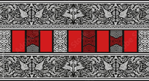 Intricate red and gray ornamental border design.