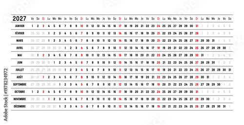 2027 calendar, linear and horizontal timeline planner, one page vector template, France French language