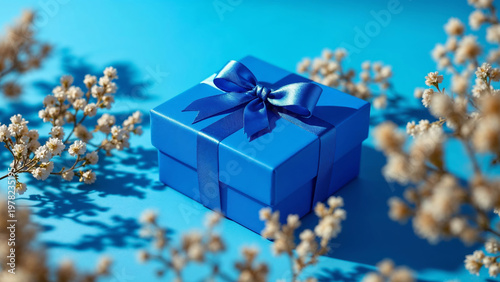 Satin ribbon tied around blue present on floral backdrop
