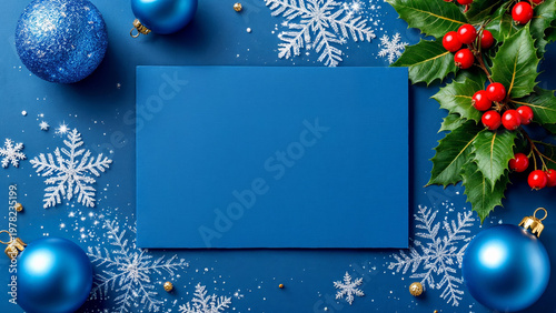 Blue holiday card with ornaments and holly on tabletop