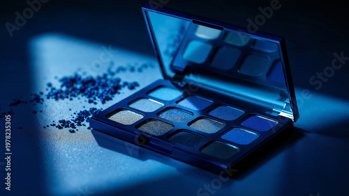 Compact eyeshadow palette opened on surface with scattered pigment