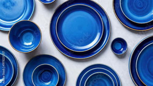 Blue ceramic plates arranged on neutral surface top view