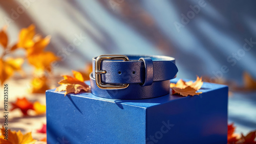 Leather belt resting on blue gift box with autumn leaves