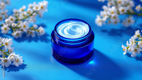 Blue jar of cream placed among white blossoms on blue surface