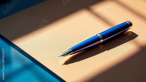 Blue fountain pen resting on textured paper with soft shadows