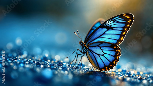Blue butterfly perched on wet surface with water droplets