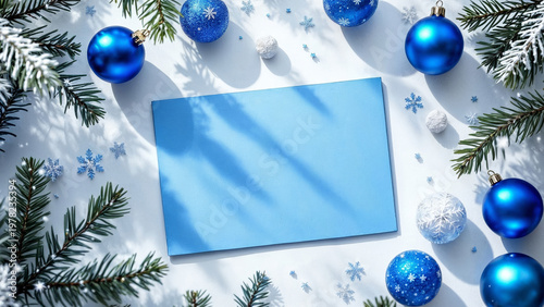 Blue holiday card surrounded by ornaments and fir branches