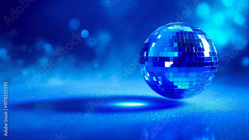 Mirrored disco ball reflecting light on blue bokeh surface