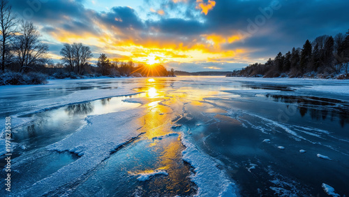Frozen river reflecting sunrise across icy shoreline and trees