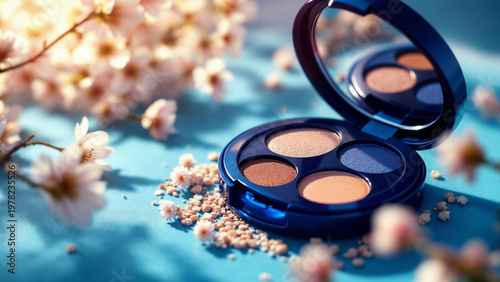 Eyeshadow palette open among blossoms on soft surface