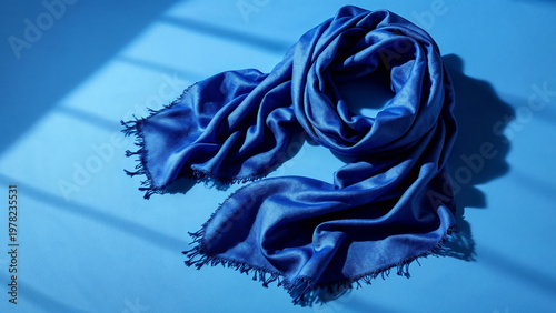 Blue silk scarf draped on surface with shadow lines