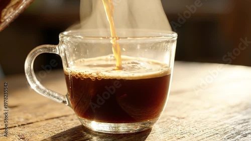 Pouring Fresh Hot Coffee into Glass Cup on Rustic Wood Table with Rising Steam and Golden Morning Sunlight