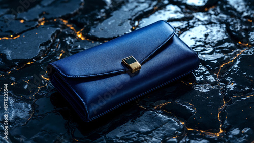 Blue leather clutch wallet on wet textured surface with gold clasp detail