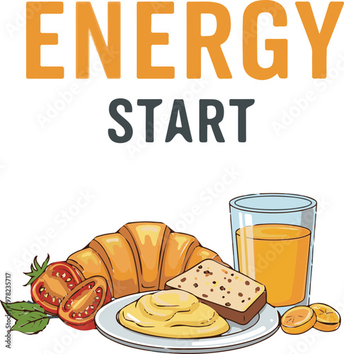A nutritious breakfast meal featuring fresh croissant with orange juice and healthy food items for morning energy start