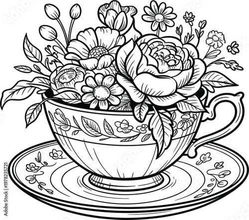 Vintage teacup and saucer illustration with blooming spring flowers and leaves isolated on white background vector