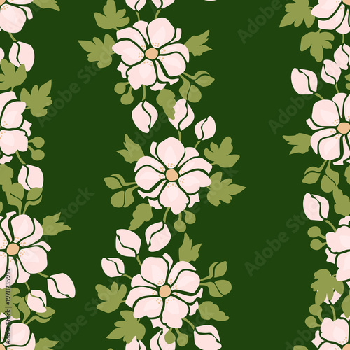 Seamless Floral Pattern with Pink Handdrawn Flowers Anemones on Dark Green Background