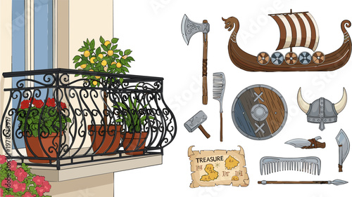 Viking Treasure and Balcony Icon Set with Viking Ship, Axe, Shield, and Decorative Plants for Historical and Outdoor Illustrations