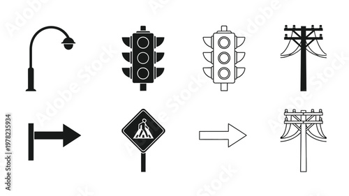 Urban infrastructure icons including lights signals and signs silhouette