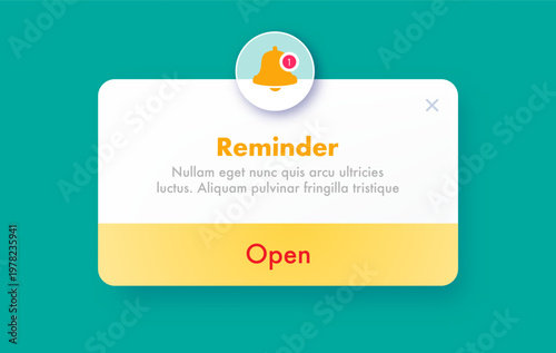 Reminder popup alert ui interface window glassmorpism effect with button open for app, mobile notification, web, phone vector