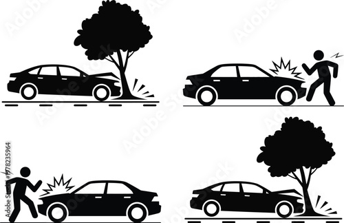 A sequence illustrating the aftermath of a car crashing into a tree and pedestrian impact