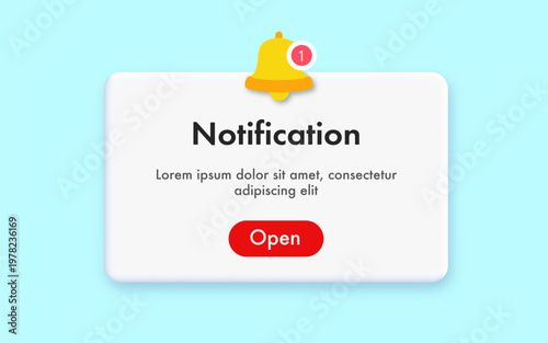 Notification popup alert ui interface window with button open for app, mobile reminder, web, phone vector