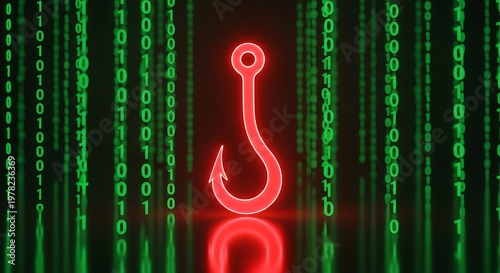 Glowing red hook on green digital binary background