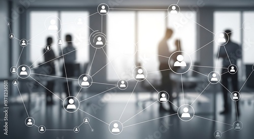 Network of connected user over blurred office meeting