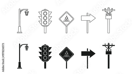 Black and white line drawings of traffic signals and signs silhouette