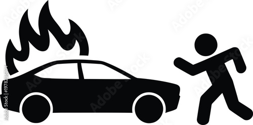 Person running away from a car engulfed in flames in a warning icon