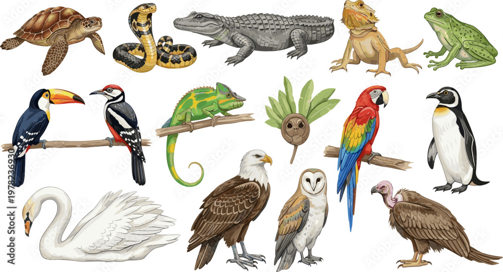 Obraz premium Wildlife Animal Icon Set with Birds, Snakes, Frogs, Turtles, and Reptiles for Nature, Wildlife, and Fauna Illustrations
