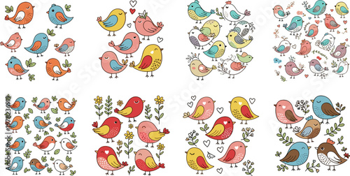 Collection of colorful hand-drawn birds kissing with hearts and floral accents for Valentine's Day, ideal for romantic projects and gifts