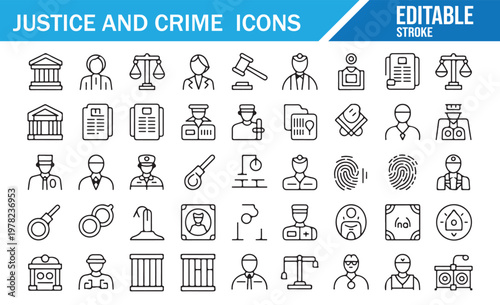Law enforcement and legal process icon set outline for court and police applications