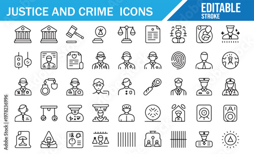 Legal and justice icons outline vector for court, police, lawyer and security themes