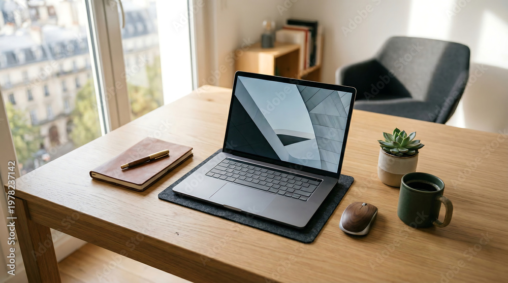 Fototapeta premium A modern workspace features a laptop, notebook, and coffee on a wooden desk.