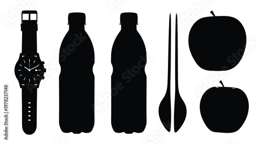 Everyday objects arranged in a line presented as a silhouette