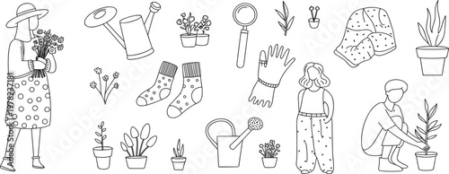 Gardening and planting illustration set with people, potted plants, watering cans and garden tools vector design