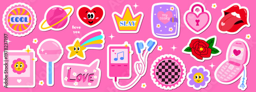 Sticker y2k cute pop retro smiley patch icon badge and happy. Groovy fun rainbow elements for 90s and 00s aesthetic. Decorative collection with phone flower love heart music