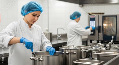 Female chef stirring large pot in industrial kitchen with blue hairnet and gloves