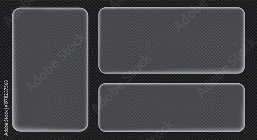 Glassmorphism rectangle shape set UI design element isolated on transparent background. Frosted glass shapes for banner, web, app, social media design