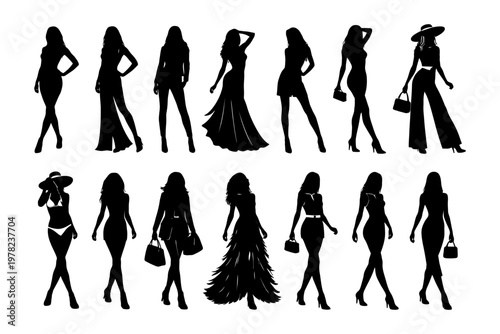 Silhouettes of female models in various fashion poses and outfits.