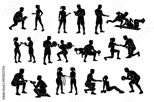Silhouette fitness training: diverse exercises and coaching poses.