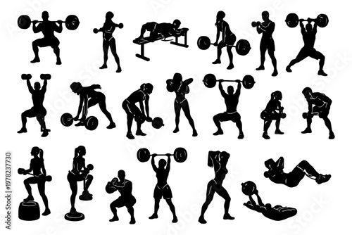 Silhouette workout: diverse male and female fitness exercises with weights.