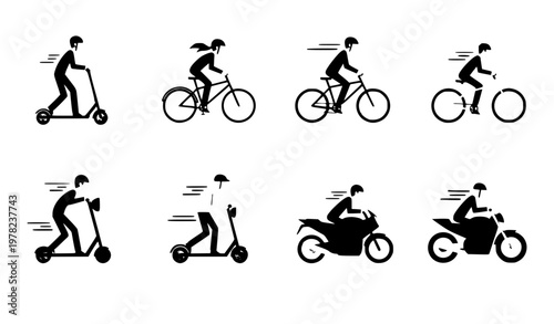 Two wheeled vehicles and riders icon set with scooter bicycle and motorcycle in flat style isolated on white background vector