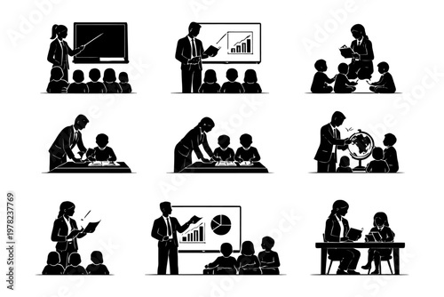 Illustrations of teachers and students engaging in classroom learning activities.