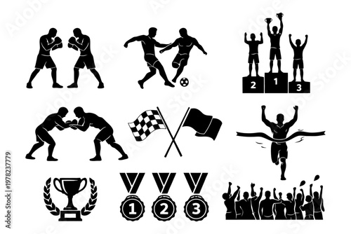 Sports silhouettes in action: boxing, soccer, wrestling, racing, winning moments, and celebrations.