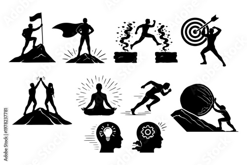 Silhouette icons of success and determination with people pushing limits.