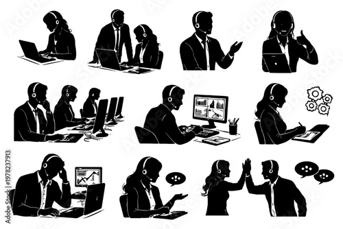 Silhouette call center team collaboration and communication scene.