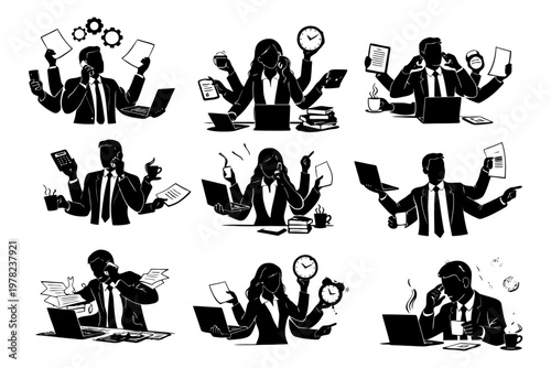 Silhouette business set - multitasking professionals with gadgets and documents.